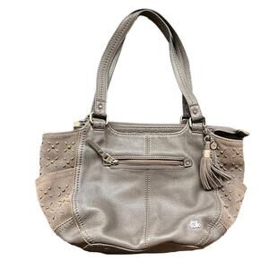 Vintage The Sak Gray Leather Purse Suede Studded Sides Shoulder Bag